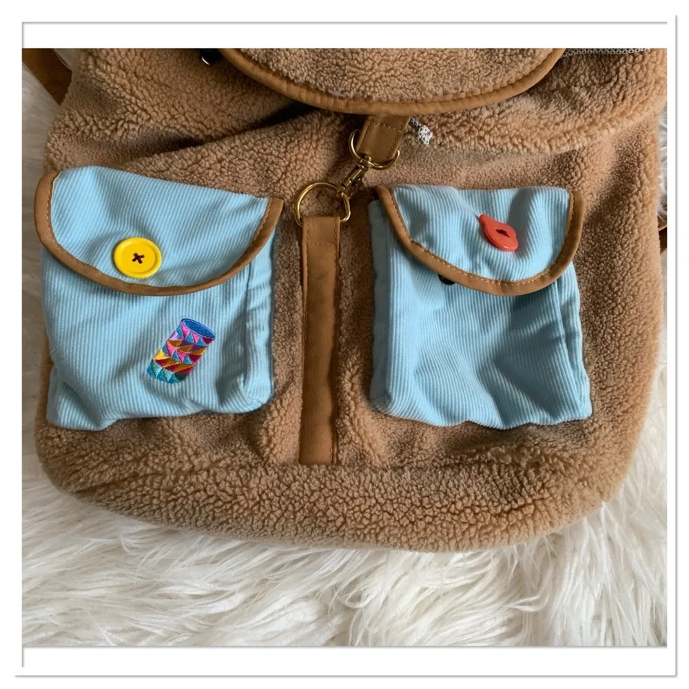 Disney Shanghai Resort Duffy The Bear Sherpa Backpack Bag Brown Blue One Size